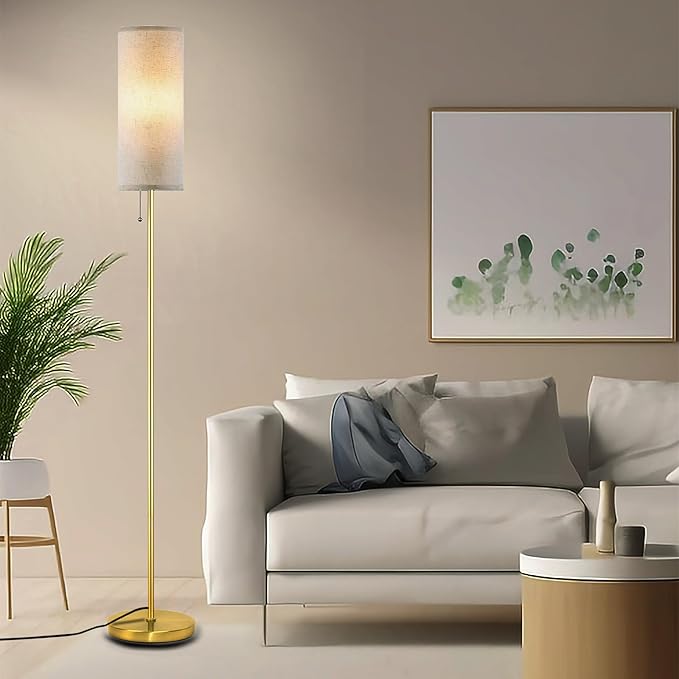 Floor Lamp for Living Room, Modern Standing Lamps with Lampshade, Minimalist Tall Lamp with Chain Switch for Living Room, LED Bulb Included (Beige+Gold)