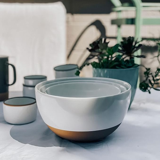 Mora Ceramic Large Mixing Bowls - Set of 2 Nesting Bowls for Cooking, Serving, Popcorn, Salad etc - Microwavable Kitchen Stoneware, Oven, Microwave and Dishwasher Safe - Extra Big 2.5 & 1.6 Qt - White