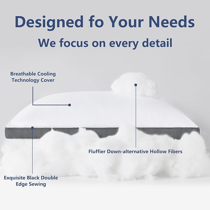 CozyLux Pillows Queen Size Set of 2, Soft Supportive 3D Down Alternative Bed Pillow for Sleeping 2 Pack Dark Grey, Luxury Hotel Quality Gusseted Bedding Pillow for Back, Stomach or Side Sleepers 18x28