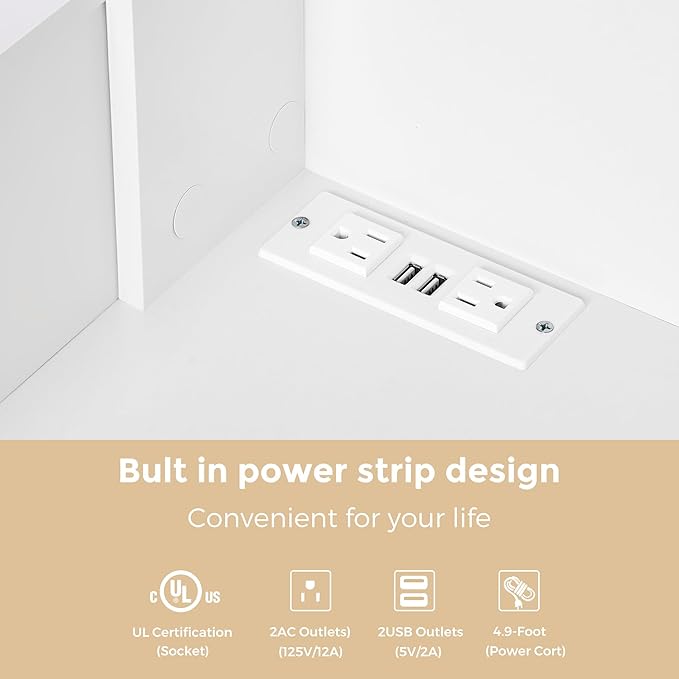 BEWISHOME White Vanity Desk with Mirror and Lights,Makeup Vanity Set with Glass Top,Large Dressing Table with Charging Station,4 Drawers,Nightstand,Stool,Makeup Desk for Girls Women Bedroom FST28W