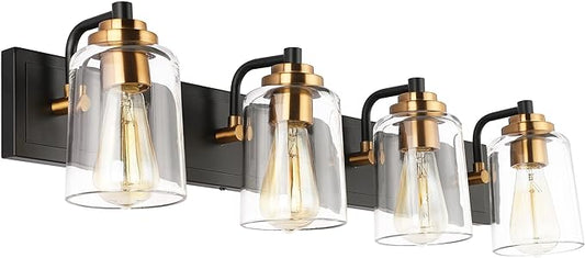 SOLFART Vintage Vanity Lighting Fixtures for Bathroom 4 Light Bathroom Vanity Light Black Brass Wall Light Sconce Light Black with Brass Light for Bath