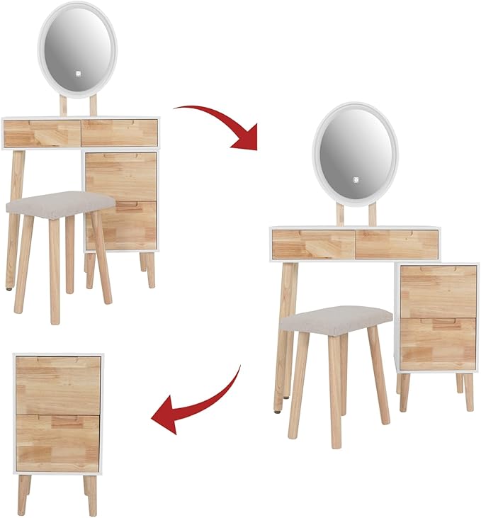 YOURLITE Makeup Vanity Desk with Lights, Small Vanity with 4 Drawers for Small Spaces, Dressing Table Set 3 Colors Adjustable Lighting Brightness Mirror