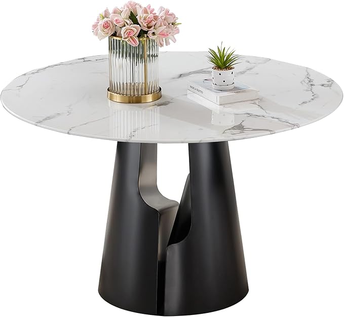 Round Faux Marble Dining Table Set for 4, Modern Luxury Kitchen Table for 4-6, Circle Dining Tables with White Marble Grain Top and Black Carbon Steel Pedestal Base (1 Table Only)