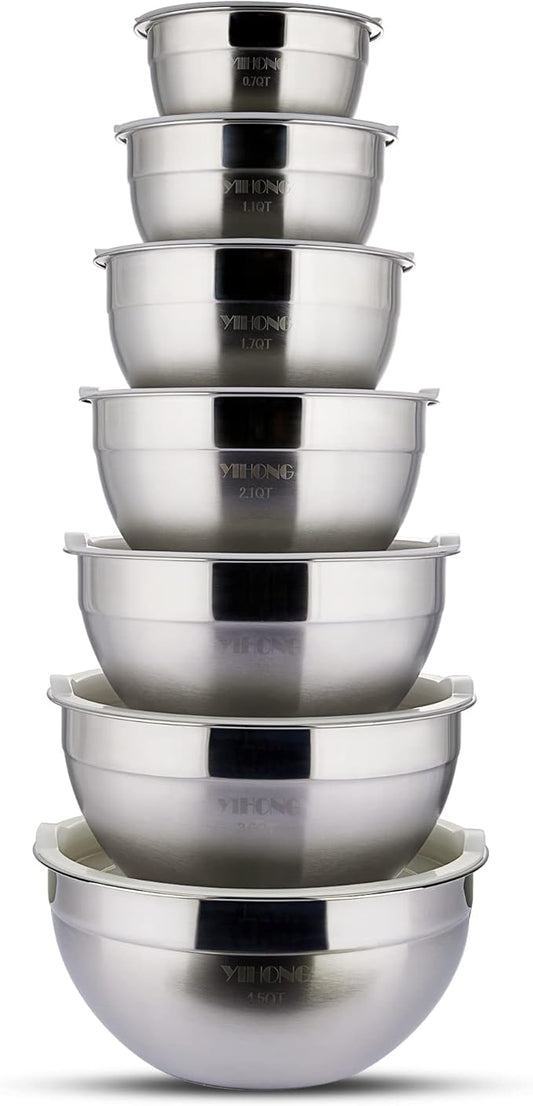 YIHONG Stainless Steel Mixing Bowls Set, 7 Piece Metal Mixing Bowls with Lids Set for Kitchen, Nesting Steel Mixing Bowls Ideal for Baking, Prepping, Cooking, and Serving Food(White)