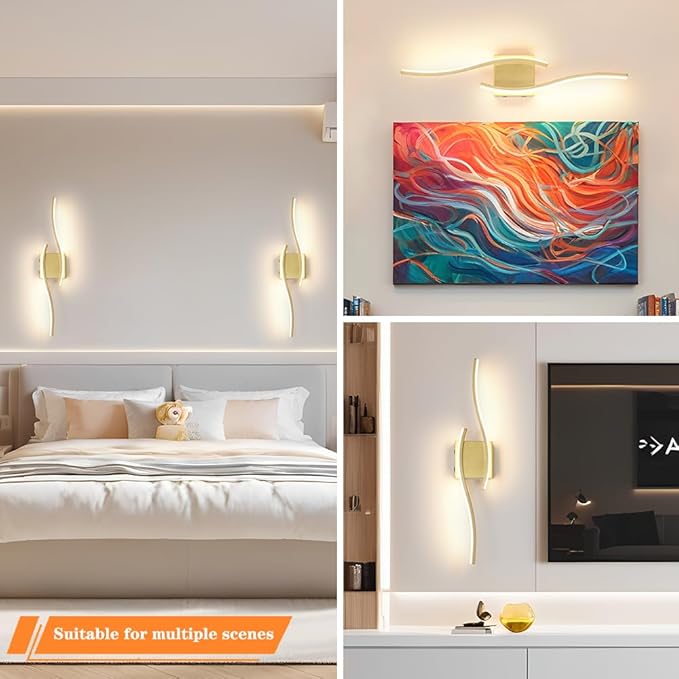 Battery Operated Wall Sconce Set of 2, Gold USB Rechargeable Wall Sconces, Dimmable Cordless Battery Wall Sconces with Remote Control, LED Wireless Lighting for Living Room Hallway Bedroom, 27.56in