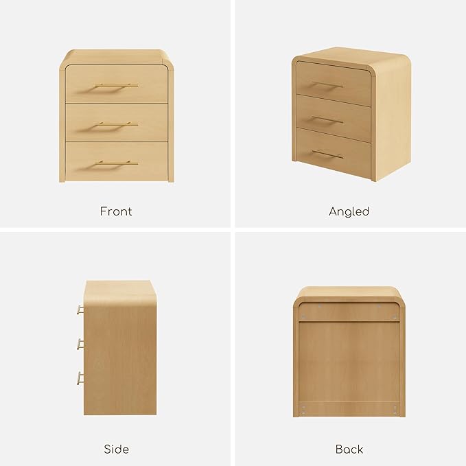 Curved 3-Drawer Nightstand Dresser Set of 2, 23.6'' Wide Modern Wood Bedside Tables with Long Metal Handles, Large Storage End Tables for Bedroom, Office, Natural Oak