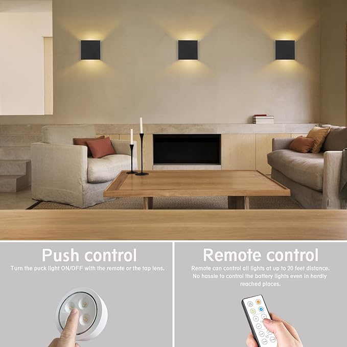 HEQIQEH Modern Style Battery Operated Wall Sconces, LED Cube Indoor Up and Down Wall Lamp with Remote Control, Dimmable Cordless Wall Lighting Fixtures for Living Room,Bedside (Black - 3 Pack)