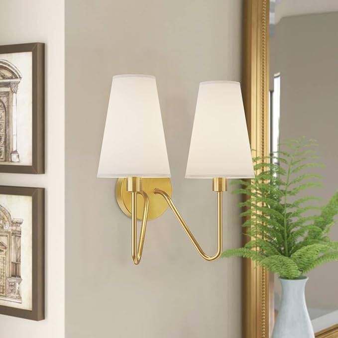 Electro bp;Double Head Classic 2 Lights Wall Sconces Lighting Fixture Polished Gold with Cream White Linen Fabric Lamp Shades E12 80W Hardwired;