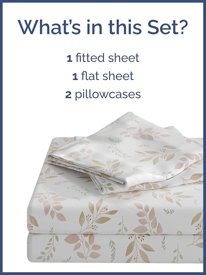 Kids Leaves Queen 4 Piece Sheet Set - Boys, Girls, Teens, Toddler - Easy Fit Deep Pockets - Breathable, Hotel Quality Bedding Sheets - Machine Washable - Wrinkle Free - Cute, Cozy, Soft - CGK Linens