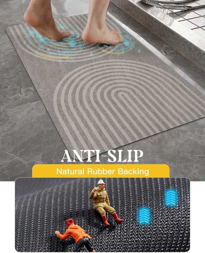 MontVoo -Bath Mat-Non Slip Thin Bathroom Rugs Fit Under Door- Quick Dry Absorbent Faux Suede Surface Grey Bathroom Floor Mats-Shower Rug for in Front of Bathtub Shower Grey & Beige 17x59