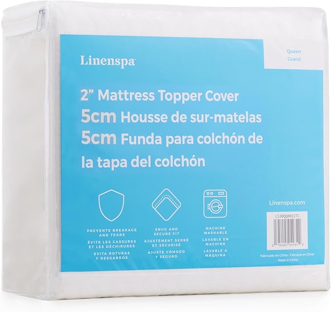 Linenspa 2 Inch Mattress Topper -Cover King –Cover Only –Machine Washable – Breathable – Non Slip –Cover for Mattress Topper with Zipper – Topper -Cover Only, White