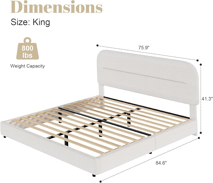 King Size Boucle Bed Frame, Upholstered Cloud Bed Frame with Headboard, Soft Platform Bed Frame with Thickened Footboard, Rounded Corners, No Box Spring Required, Easy Assembly, Cream