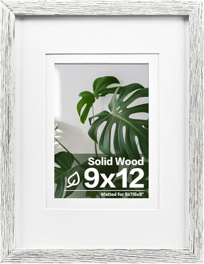 Egofine 9x12 Picture Frames Made of Solid Wood with Plexiglass, Display Pictures 5x7/6x8 with Mat or 9x12 Without Mat for Tabletop and Wall Mounting, Driftwood White