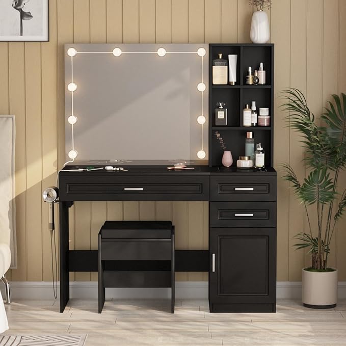 Fameill Vanity Desk with Lighted Mirror & Power Strip,Large Vanity Table with Glass top and Lots Storage,3 Drawer Makeup Desk with Hair Dryer Stand,3 Lighting Modes,Black