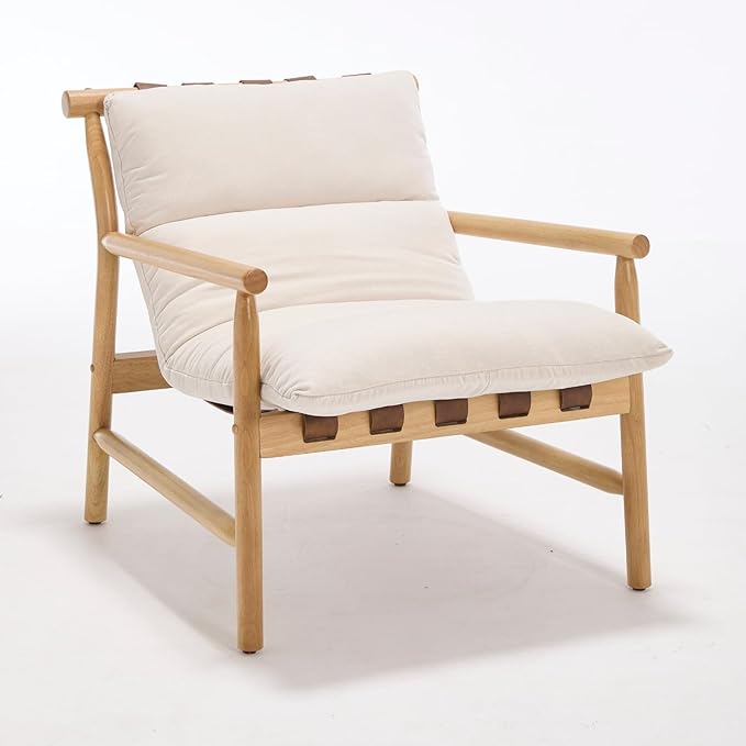 Modern Accent Chair Upholstered Armchair - Solid Wood Lounge Chair with Removable Cushion, Low Back Reading Chair for Living Room/Bedroom/Balcony, Chenille Sofa Chair (Easy Assembly)Off White