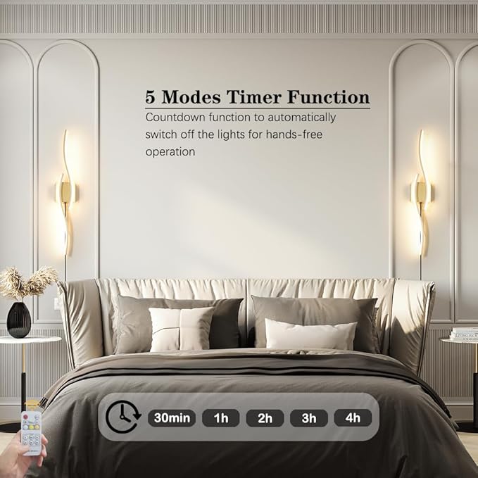 Modern Gold Plug in Wall Sconce Set of 2, Indoor Dimmable Light Fixture with Plug in Cord for Living Room, LED Sconces Lighting with Remote Control, Wall Lighting Decor for Hallway Bedroom