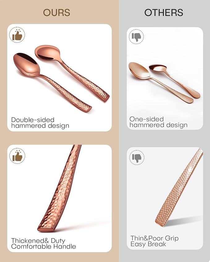 Hammered Silverware Set for 8,Ollex 40-Piece Rose Gold Flatware Cutlery Set with Stainless Steel Spoon Knives Forks Tableware Set, Mirror Finished&Dishwasher Safe
