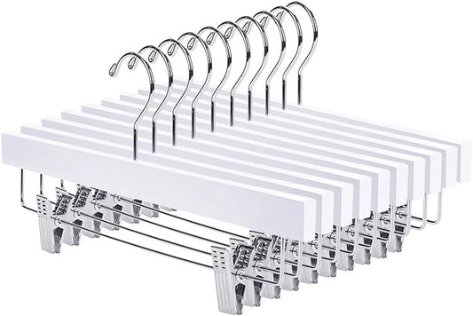 Nature Smile Wooden Pants Hangers Wood Bottom Jeans Skirt Hanger with Clips Anti Rust Hook Pack of 10 (White)