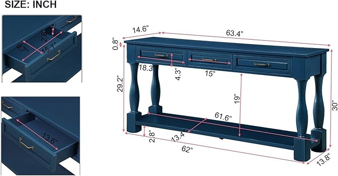 63inch Solid Wood Console Table with 3 Drawers and 1 Bottom Shelf Extra-Thick Sofa Table (Navy Blue)