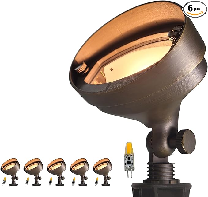 COLOER Die-cast Brass LED Landscape Flood Lights Outdoor 6-Pack with Bulb, 2W 9-17 Volt Low Voltage Wall Wash Lighting, Outdoor Floodlight for Illuminating Signs, Walls and Plant Material(501B)