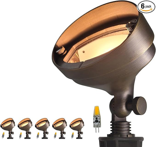 COLOER Die-cast Brass LED Landscape Flood Lights Outdoor 6-Pack with Bulb, 2W 9-17 Volt Low Voltage Wall Wash Lighting, Outdoor Floodlight for Illuminating Signs, Walls and Plant Material(501B)