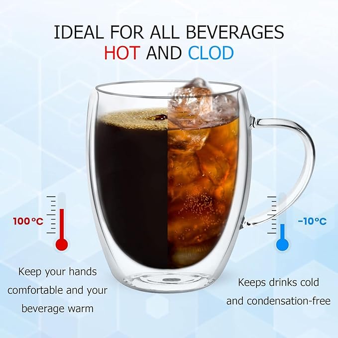 Espresso Cups, Double Wall Glass Coffee Mugs with Handle, Clear Coffee Cups, Cappuccino Lattee Tea Cup, Insulated Glassware for Hot Cold Coffee,4 Pack,12 oz