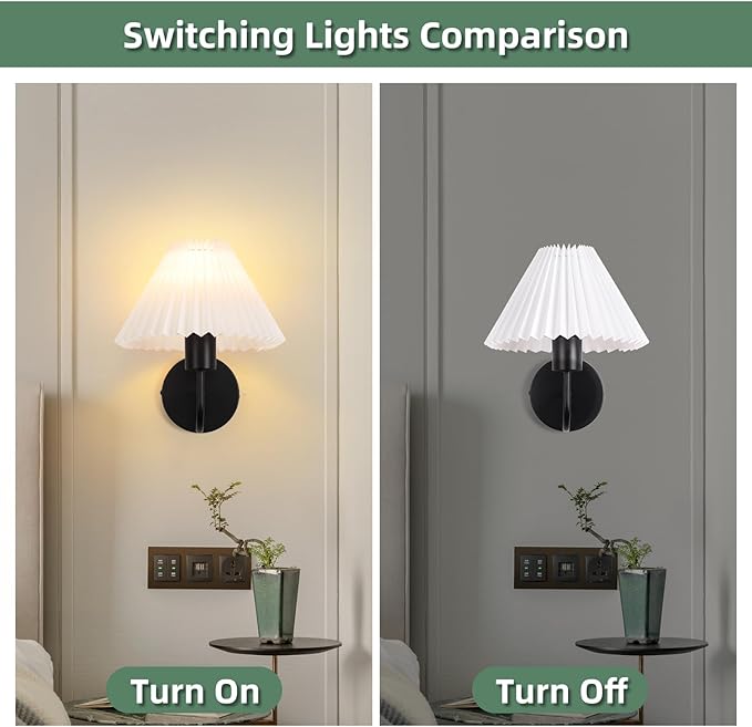 Black Wall Sconces Sets of 2, White Pleated Fabric lampshade, Indoor Gooseneck Wall Lamp Lighting, Bathroom Dresser Hardwired sconces wall decor Fixture for Living Room Bedroom Dining Room Hallway