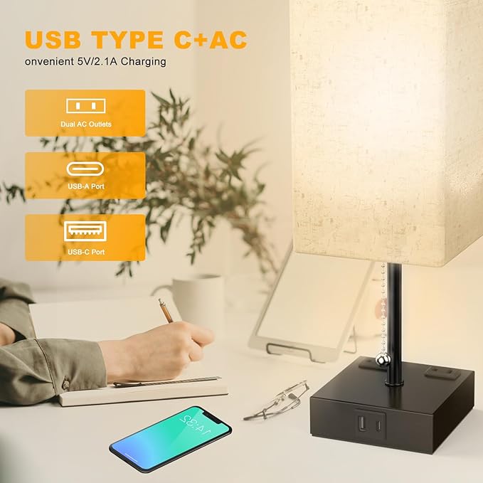 Table Lamp for Bedroom with USB,Bedside Lamp with USB C+A Charging Ports,Adjustable 3color LED Light for Home Decor/Nightstand/Office,Included Bulb and Fabric Lamp Shade (Linen White, 2PCS)