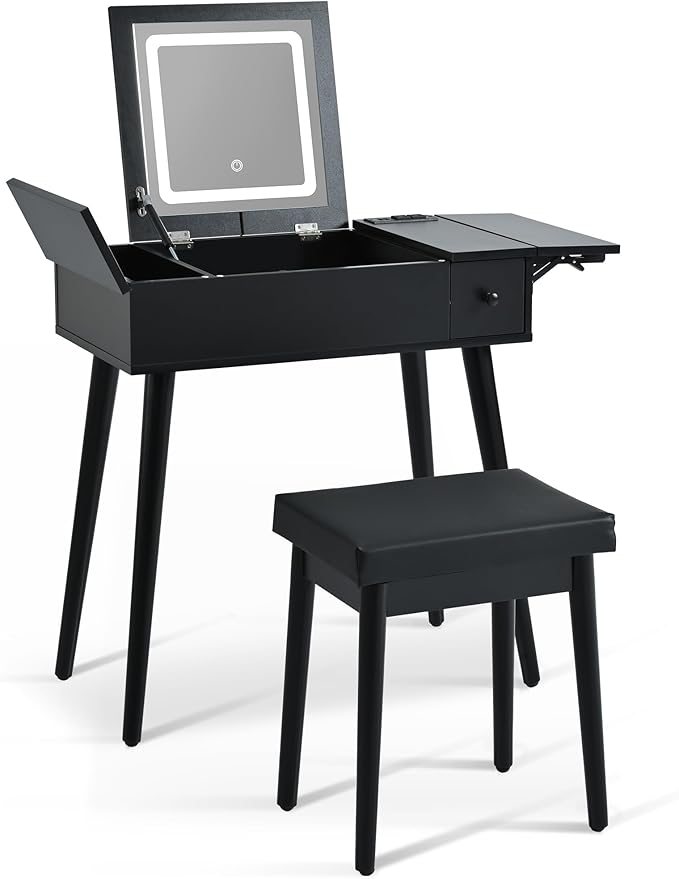 Black Makeup Vanity Desk with Flip Top Mirror and LED Light, Dressing Table Set with Cushioned Stool, Charging Station, 2 Drawers and Fold-up Panel for Bedroom ﻿