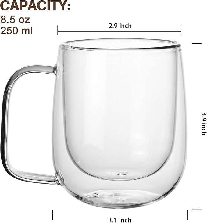 Glass Coffee Mug, 8.5 oz Double Walled Insulated Cup Heat-resistant for Tea Coffee Latte Cappuccino Espresso Iced Tea Dishwasher & Microwave Safe, Set of 1 (Round)