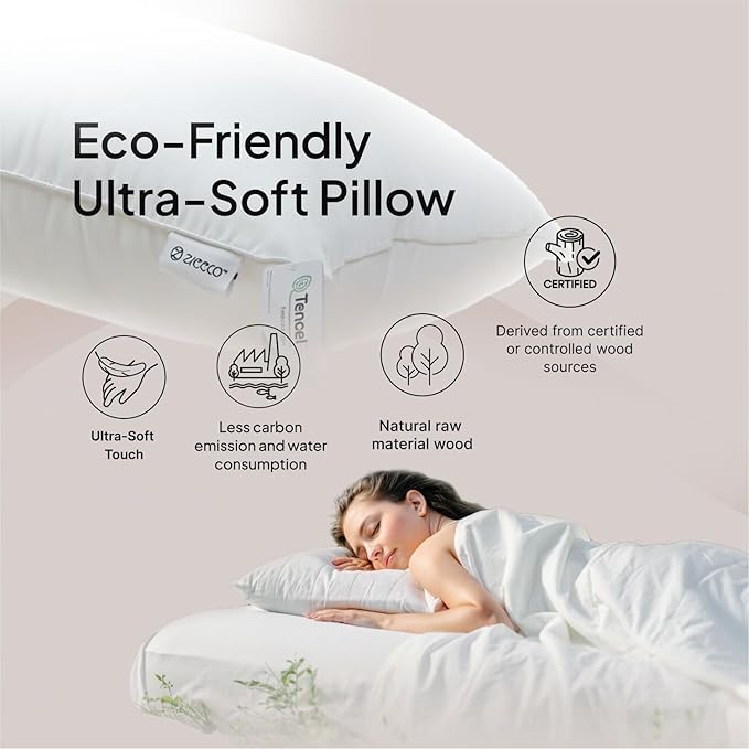 100% Tencel™ Lyocell Pillow & Pillowcase Set, Organic, Non Toxic, Hypoallergenic, Moisture-Wicking, Fluffy Pillows for Bed, Eucalyptus Fiber Cooling, Soft, 700 Fill Power - Standard - 20X26