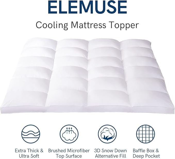 ELEMUSE Full XL Mattress Topper for Back Pain, Extra Thick Mattress Pad Cover, Plush Soft Pillowtop with Elastic Deep Pocket, Overfilled Down Alternative Filling