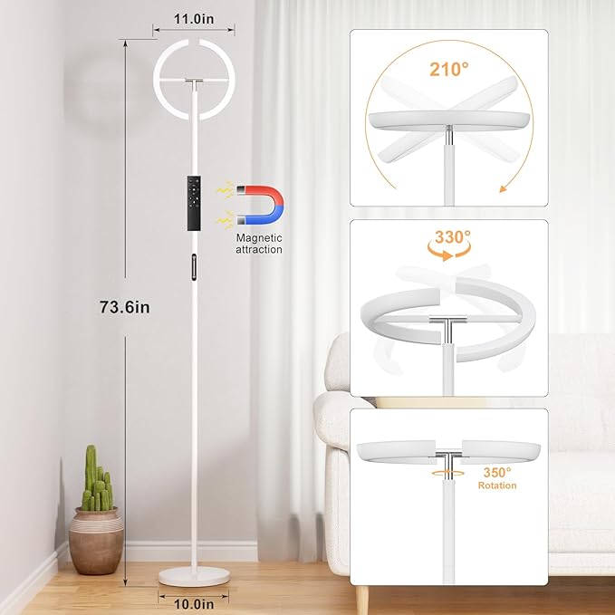 LED Floor Lamp - 70" Tall Modern Standing Lamp with 2 Rotatable Lights, Remote & Touch Control, 24W Bright Stepless Dimmable, Ideal for Living Room Bedroom Office(White)