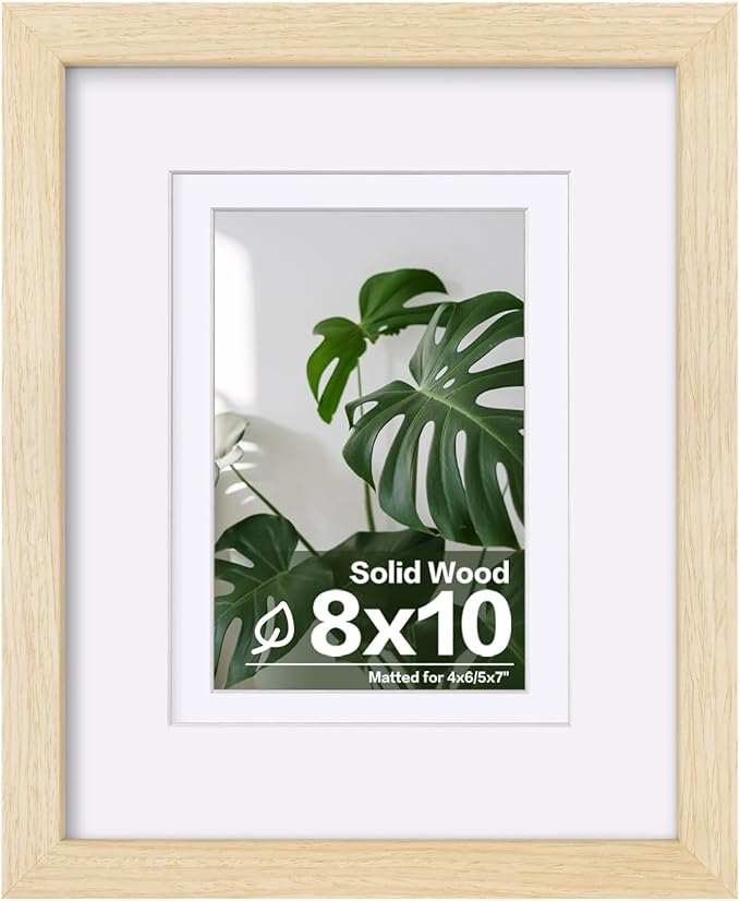 Egofine 8x10 Picture Frame Made of Solid Wood with Plexiglass, Display Pictures 4x6/5x7 with Mat or 8x10 Without Mat for Tabletop and Wall Mounting, Oak Wood
