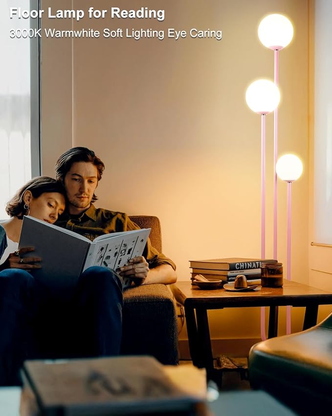 Lightdot 63IN Pink Floor Lamp Mid Century Modern Floor Lamp with 3 Globe Soft Warm White 3000K Bulbs Candle Holder Style Standing Lamp for Wedding Party/Living Room