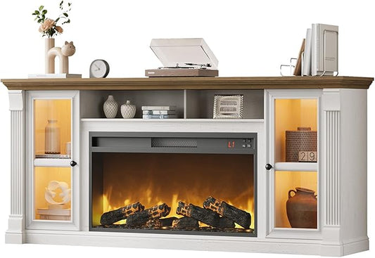 Farmhouse Fireplace TV Stand Up to 80" TVs, 70" Modern Highboy Entertainment Center with 36" Electric Fireplace & LED Lights, Media Console with Adjustable Shelves for Living Room, Antique White