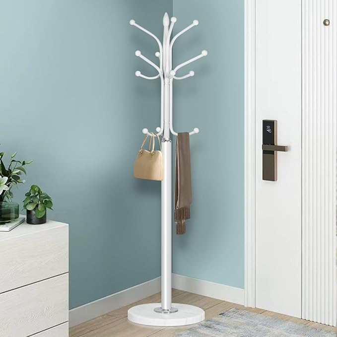 Metal Coat Rack Stand with Natural Marble Base, Coat Rack Freestanding, Free Standing Hall Tree with 12 Hooks for Hanging Clothes, Bags, Scarfs, Coat Hanger for Entryway, Hallway (White)