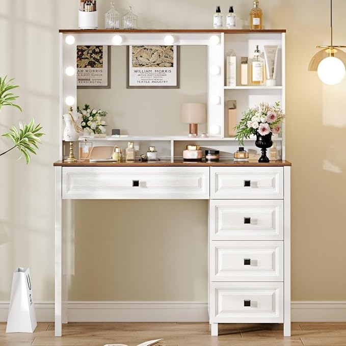 43" Large Vanity Desk with Mirror and Lights,Makeup Vanity with 10 Lights，Modern Makeup Table with 5 Drawers，Open Shelves for Bedroom Makeup Room，Cream