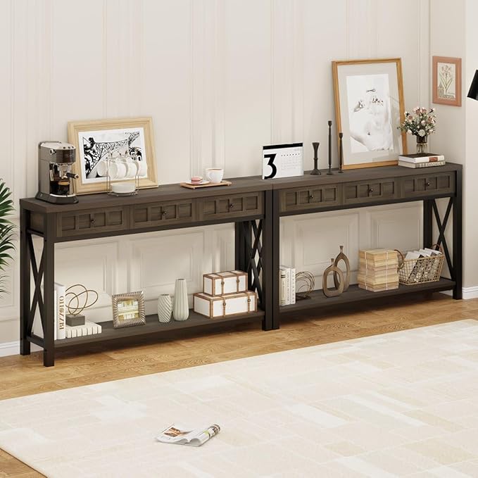 FATORRI Console Sofa Table for Entryway, Entry Way Table with Storage and 3 Drawers for Living Room, Farmhouse Foyer Tables for Hallway, Front Door, Living Room (54.72 Inch Long, Walnut Brown)