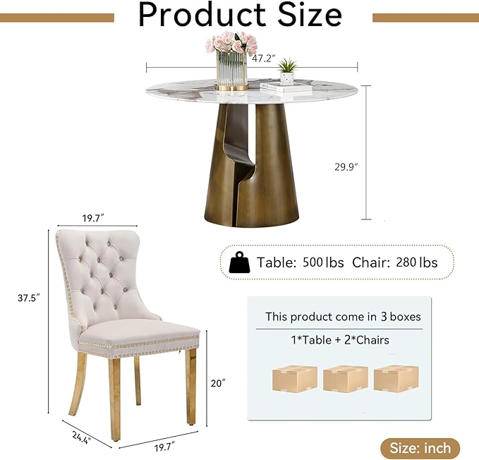 3-Piece Faux Marble Round Dining Table Set for 2, Modern Luxury Kitchen Table Set for 2 with Beige Tufted Chairs,Circle Dining Tables with Pandora Grain Top and Bronze Pedestal Base