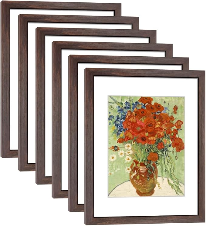 11x14 Picture Frame Set of 6 for Pictures 8x10 with Mat or 11x14 Without Mat, Wall or Tabletop Gallery Photo Frames Walnut