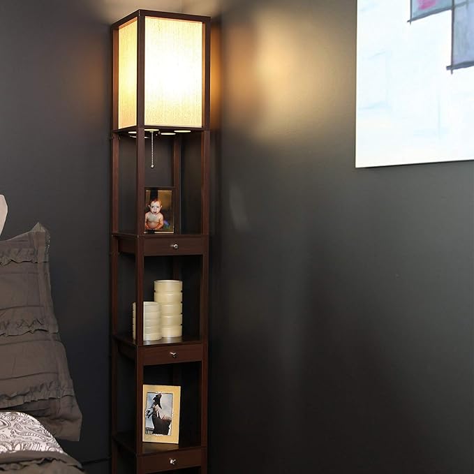 Brightech Maxwell Drawer Edition - Modern Shelf Floor Lamp with Drawer - Corner Display Floor Lamps with Shelves for Living Room, Bedroom and Office - Havana Brown