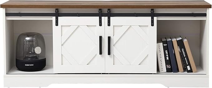 WAMPAT Farmhouse Sliding Barn Door TV Stand for TVs Up to 65 inch, Modern Storage Entertainment Center, Wood Media Console Table Cabinet 3-Level Adjustable Shelf for Living Room, White/Oak