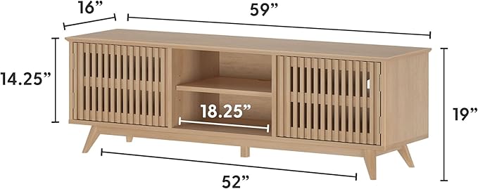 Plank+Beam Mid-Century Modern Wood TV Stand, Solid Wood Entertainment Console with Storage, 59" L x 16" W x 19" H, Blonde