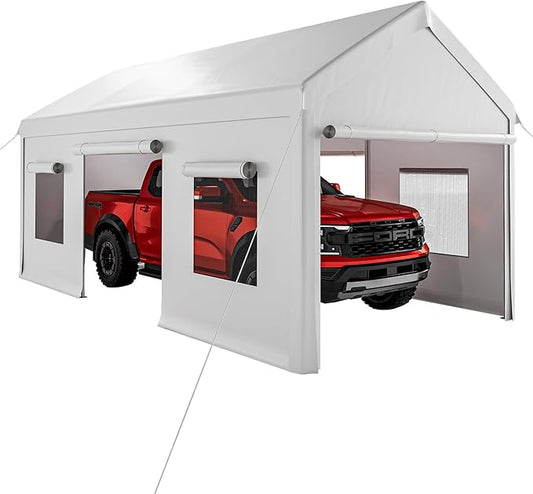 10 x 20 FT Carport Clearance, Heavy Duty Carport Canopy with Roll Up and Down Mesh Window, Outdoor Portable Garage with Removable Sidewalls, All Season Tarp for Car, Boat, Truck, Motorcycle (White)