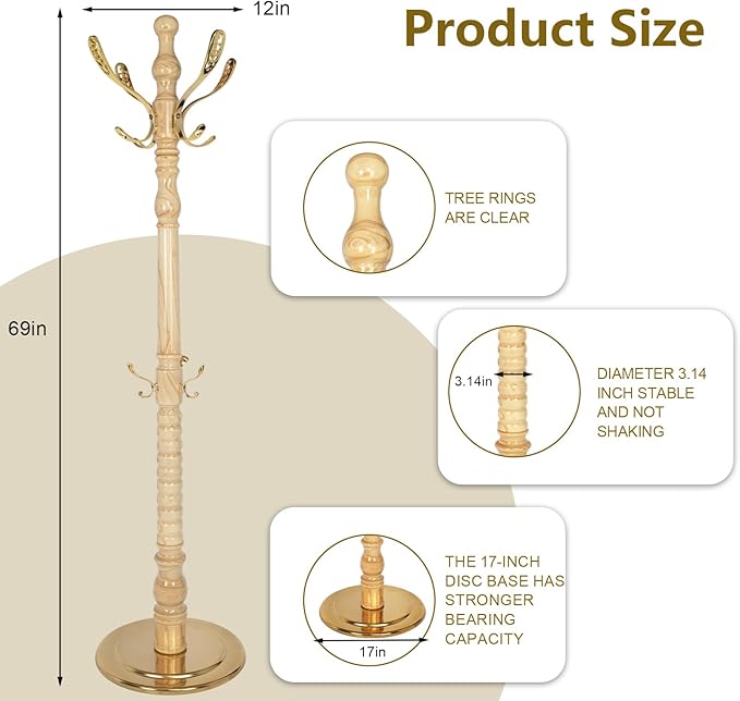 73”Vintage Wooden Coat Rack Freestanding，With 14 Hooks and Sturdy Round Base.Sturdy and Durable Standing Coat Racks，Adjustable Wooden Freestanding Coat Rack for Corridors, Offices, Porch (Natural)