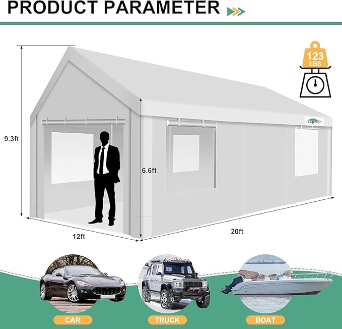 COBIZI Carport 12x20ft Heavy Duty Portable Garage, 2.0 Powder Coated Frame(Better Than Galvanized), Waterproof Shelter with Removable Sidewalls & Windows, Built-in Sandbags, for Car/Boat/SUV, White