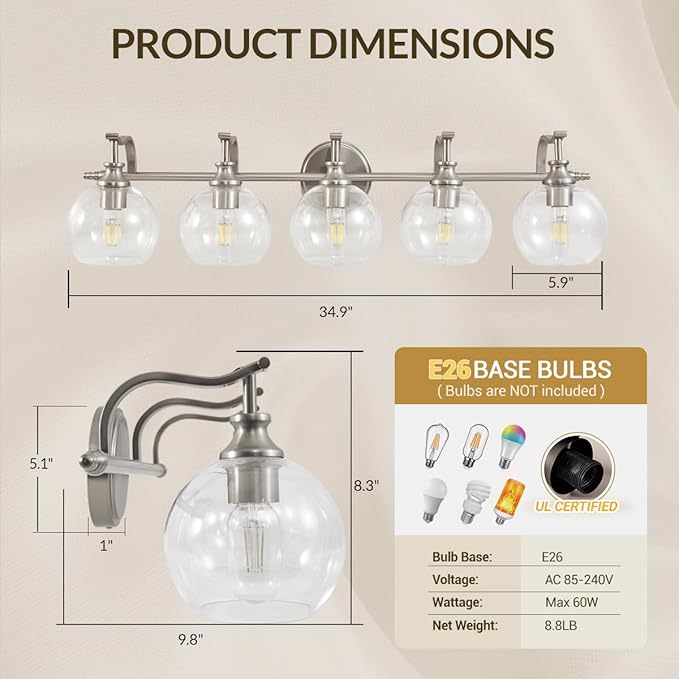 ANDY STAR 5-Light Brushed Nickel Bathroom Light Fixture, 35" Large Wall Sconce, Glass Globe Design, Perfect for Large Bathrooms, Double Vanities, Elegant Linear Design