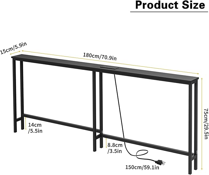 VASMIA 70.9 Inch Narrow Console Table with Outlet,Bamboo Sofa Table,Behind Couch Table,Skinny Hallway Table for Entryway Living Room,Foyer,Black