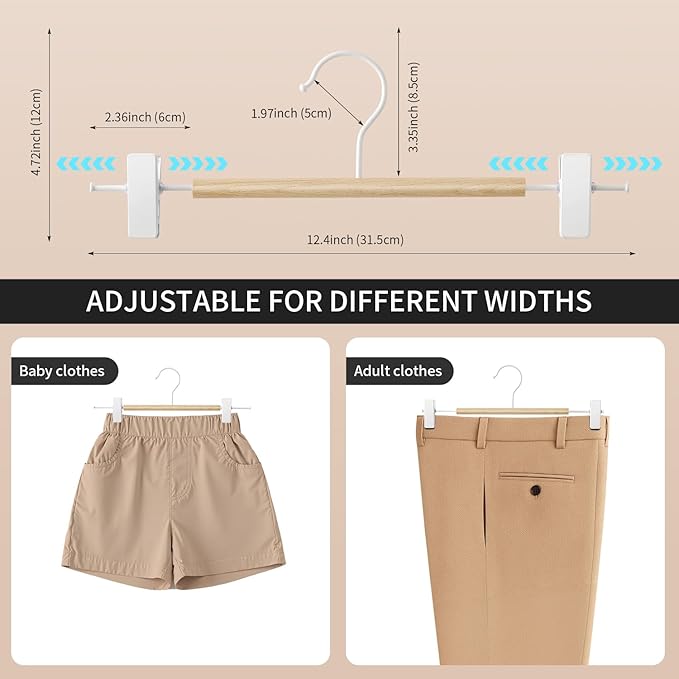 Wooden Pants Hangers with Clips 20 Pack Adjustable Wood Skirt Hangers for Women&Men Space Saving Closet Non Slip Clothes Hanger for Jeans,Trousers,Short,12Inch Natural